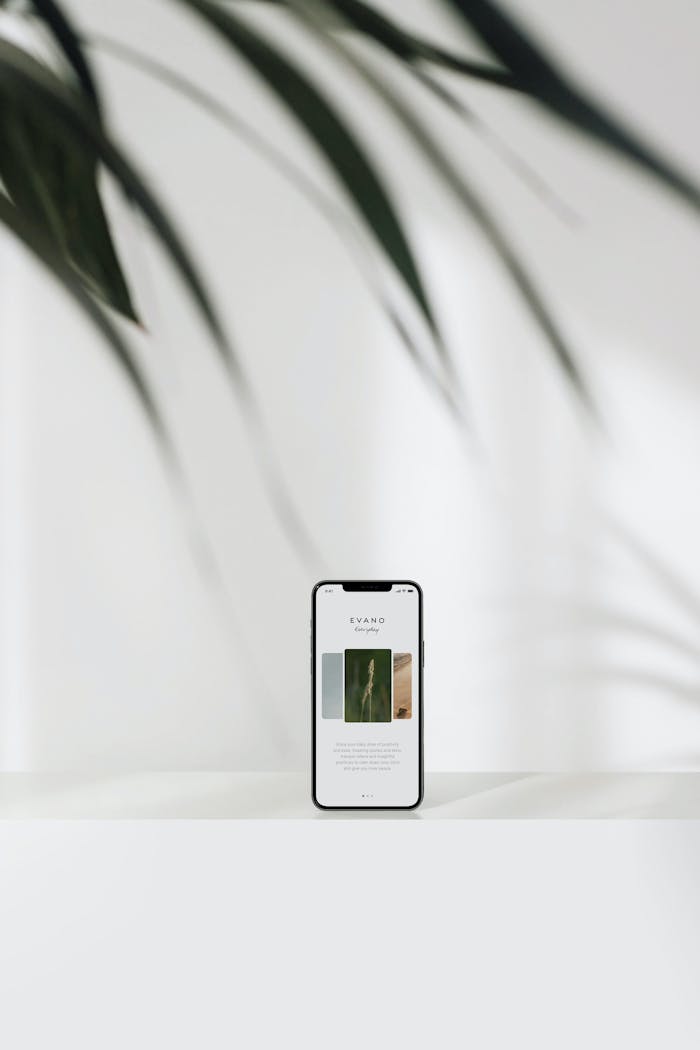 Services Modern smartphone showcasing a website with minimalist design and plant shadows.